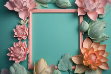 Creative Frame Arrangement Made With Lotus On Bright Pastel Color Turquoise Background. Design For Invitations, Save The Date, Cards Other Items. Generative Ai