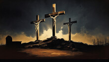 Three Crosses On Calvary Oil Painting Symbolic Of The Jesus Christ. Generative AI