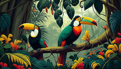 tropical rainforest with toucans
