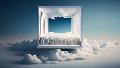 white bed floating in the sky. Generative AI