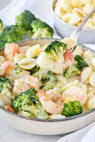 Fototapeta  - Broccoli and Shrimp Alfredo 