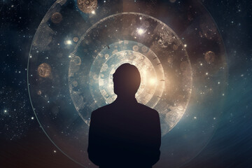 Wall Mural - Human and psychology concept. Human dark silhouette and abstract background illustrates consciousness. Generative AI