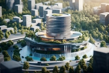3d modeling of futuristic office building in middle of the city with nature surrounding. created wit