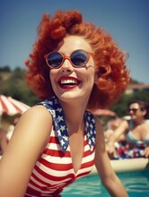 Laughing Redhead Woman Wearing Sunglasses And Stars And Stripes Top At Pool Party In July Photorealistic Illustration [Generative AI]