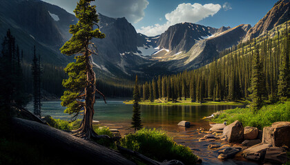 Wall Mural - Rocky Mountains and River National Park Landscape AI Generative