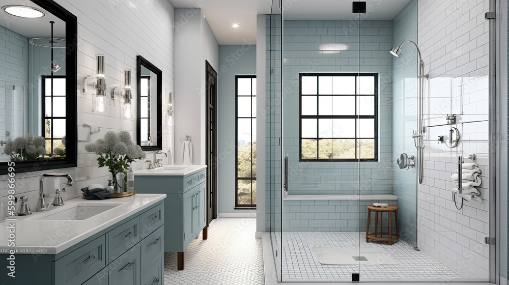 A modern bathroom with a glass shower and a subway tile. Generative AI ...
