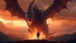 Brave warrior fighting huge red fire breathing dragon, fantasy battle illustration. Generative AI