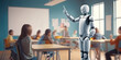AI replacing teachers. Futuristic robot working in school, standing in classroom near chalkboard as substitute teacher. Generative AI
