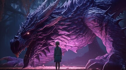 Sticker - Little girl standing in front of huge purple dragon, fantasy illustration. Generative AI