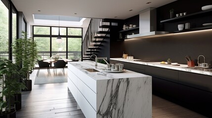 Wall Mural - A modern apartment with a  kitchen interior with a black and white color scheme marble backlash. Generative AI 