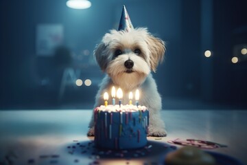 Happy dog celebrating birthday at home with party hat on. Generative AI