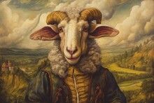 Sheep Renaissance Art Portrait, Medieval Oil Painting. Generative AI