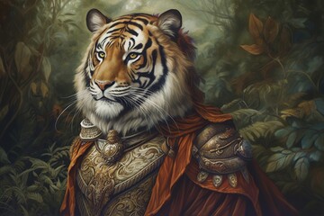 Wall Mural - Tiger king renaissance art portrait, medieval oil painting. Generative AI