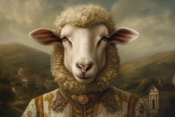 Wall Mural - Sheep renaissance art portrait, medieval oil painting. Generative AI