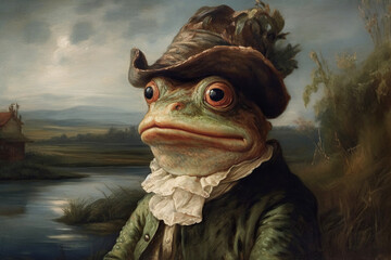 Wall Mural - Frog renaissance art portrait, medieval oil painting. Generative AI