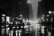 Noir movie, night city street under the rain. Generative AI