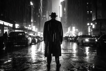 Wall Mural - Noir movie, back view of 40s detective wearing hat, standing under the rain. Generative AI