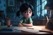 Unhappy sad girl doing difficult homework at home, bored and exhausted by school cartoon kid. Generative AI