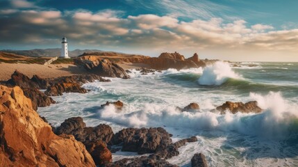 Wall Mural - A stunning view of  a rocky beach with crashing waves and a lighthouse at the background. Generative AI 