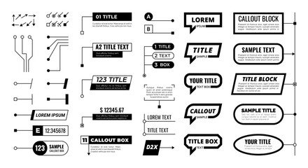 Callout. Title box, design label infographic elements. Text callouts, information banners with arrow. Isolated textbox, editable stroke vector set