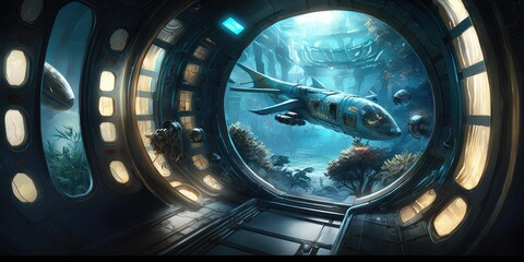 Poster - futuristic interior of spaceship inside of hallway. superlative generative ai image.