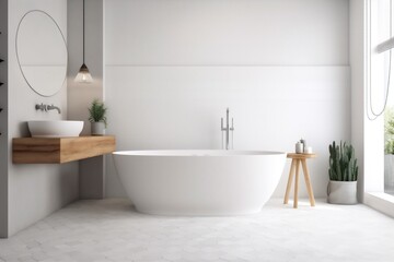 interior house bathtub white architecture home luxury 3d wood modern bathroom. Generative AI.