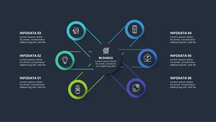 Wall Mural - Diagram concept for infographic with 6 steps, options, parts or processes. Template for web on a black background.