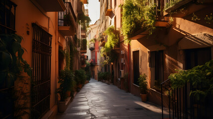  The morning light gently illuminates the narrow streets of an old town with cobblestone roads, colorful buildings, and green plants hanging from balconies