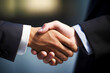 © overrust - closeup of a firm handshake of business men in suits entering into a deal, signing a contract, generative ai