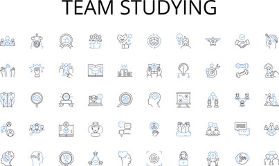  Team studying line icons collection. Education, Degree, Campus, Learning, University, Academics, Student vector and linear illustration. Scholarship,Dorm,Graduation outline signs set