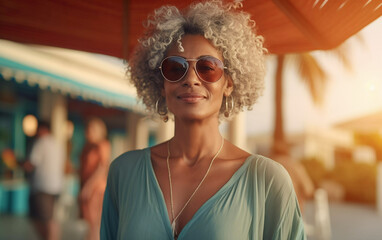 Lifestyle portrait of mature black woman with curly gray hair and sunglasses at tropical beach resort, Generative AI