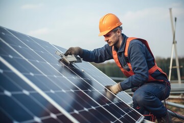 Technician engineer worker working installing solar panels, generative AI