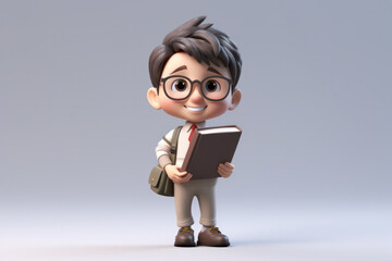 Cheerful Asian Boy Holding an Educational Book. 3D Clay Animation Style on White Background. Back to School, Children Education and Learning Themes