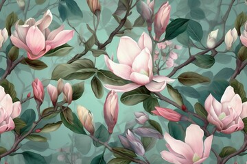 wallpaper seamless background magnolia decoration watercolor floral pattern flower leaf spring. Generative AI.