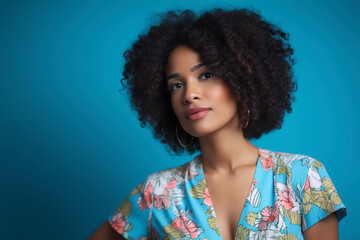 A portrait of a young african american woman with an afro hair style against a blue background. Generative AI