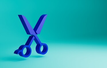 Poster - Blue Scissors hairdresser icon isolated on blue background. Hairdresser, fashion salon and barber sign. Barbershop symbol. Minimalism concept. 3D render illustration