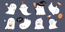 Set Of Halloween Cute Funny Ghosts With Different Expression And Party Elements. Hand Drawn Flat Design Cartoon Clipart Isolated.  Nursery Style Doodle Art For Kids.