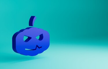 Wall Mural - Blue Pumpkin icon isolated on blue background. Happy Halloween party. Minimalism concept. 3D render illustration