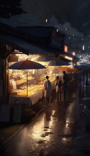 Illustration Of Night Markets In Japan, Night Streets, Neon Lights, Japanese City, Generative AI