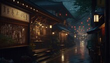 Traditional Japanese Town At Night, Classic, Retro, Illustration, Generative AI