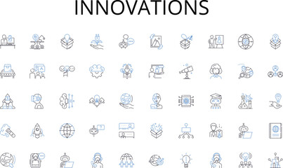  Innovations line icons collection. Research, Demographics, Trends, Consumer, Competition, Metrics, Strategy vector and linear illustration. Forecasting,Sales,Product outline signs set
