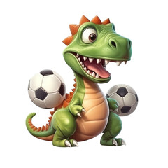Cute Dino play soccer. Transparent isolated background. AI generated