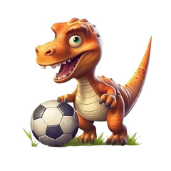 Cute Dino play soccer. Transparent isolated background. AI generated
