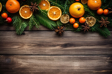 Rustic Christmas background with fir branches and decoration on dark wooden boards with space for text, generative AI content.