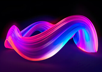 Canvas Print - Futuristic abstract blue and purple neon waves light shapes on dark background. Laser show night club interior lighting, glowing line background or wallpaper. AI generated illustration.