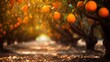 canvas print picture - Schöne Orangenbaumplantage im Morgenlicht, Generative AI