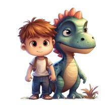 Cute Dino And Kids. Transparent Isolated Background. AI Generated