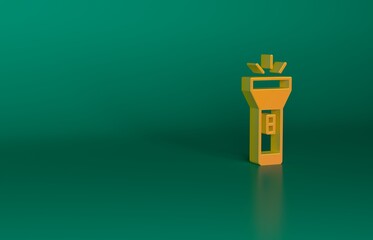 Wall Mural - Orange Flashlight icon isolated on green background. Minimalism concept. 3D render illustration