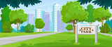 Fototapeta  - City park with entrance sign in landscape view. Public garden in beautiful summer weather with green grass, trees, buildings on the horizon and no people. Cartoon style vector background.
