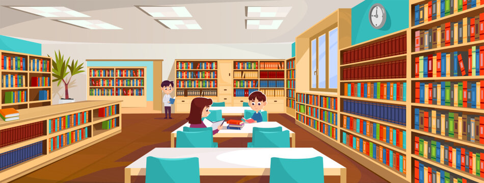 Wall Mural - Cartoon-style vector illustration of a group of kids during storytime in a library or bookstore. A bookshelf filled with books and a little boy and girl sitting and reading or studying together